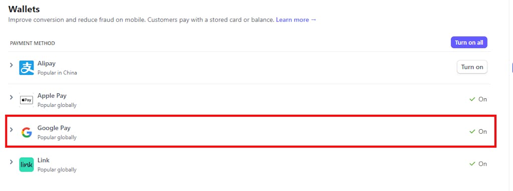 Stripe-integrasjon (grunnleggende): Legg til Google Pay-betalingsmetode